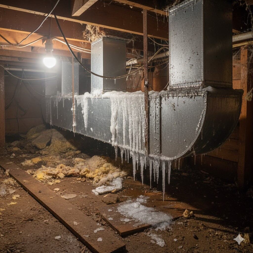Iced-over uninsulated ductwork